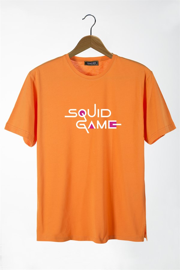 Erkek Turuncu Önü Squid Game Baskılı Bisiklet Yaka Oversize T-Shirt 22Y-3400762-59