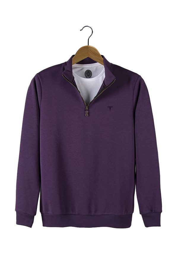 Erkek Yarım Fermuarlı Basic Düz Renk Trend Sweatshirt 21K-5200179 Mor