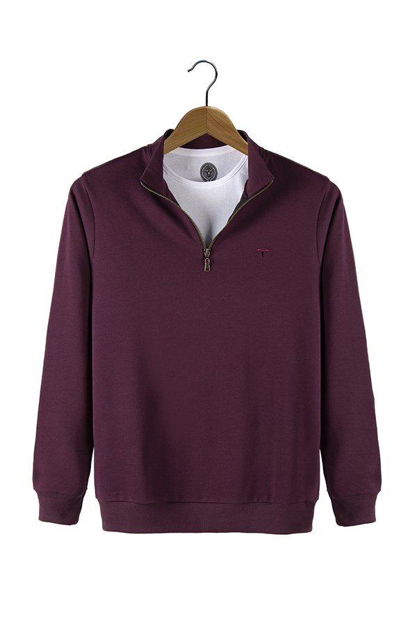 Erkek Yarım Fermuarlı Basic Düz Renk Trend Sweatshirt 21K-5200179 Mürdüm