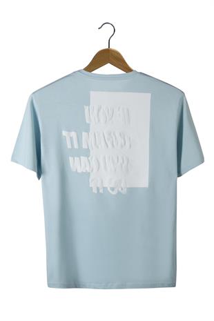 Buz Mavisi Ön Ve Arkası Kabartma Baskılı Oversize T-shirt