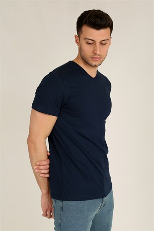 Erkek Basic Slim Fit V Yaka Kısa Kollu T-Shirt 21K-3400738-1 Lacivert
