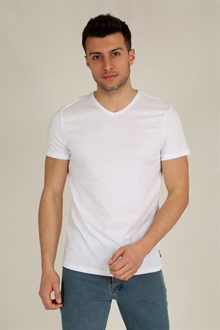Erkek Basic Slim Fit V Yaka Kısa Kollu T-Shirt 21K-3400738-1 Beyaz