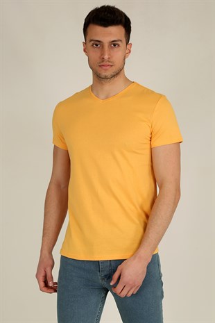 Erkek Basic Slim Fit V Yaka Kısa Kollu T-Shirt 21K-3400738-1 Hardal