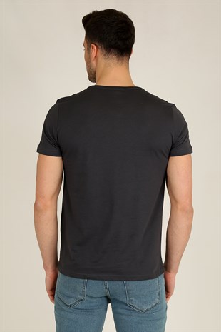 Erkek Basic Slim Fit V Yaka Kısa Kollu T-Shirt 21K-3400738-1 Antrasit