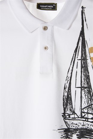 Erkek Beyaz Slim Fit Yelkenli Desenlı Polo Yaka T-Shirt 22Y-3400520