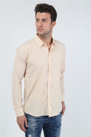 Erkek Kalın Dik Çizgili Uzun Kollu Slim Fit Gömlek 21Y-4300599 Sarı
