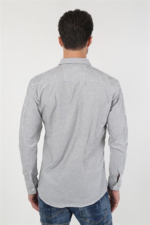Erkek Kalın Dik Çizgili Uzun Kollu Slim Fit Gömlek 21Y-4300599 Gri