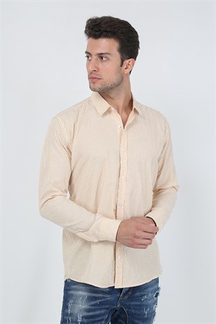 Erkek Kalın Dik Çizgili Uzun Kollu Slim Fit Gömlek 21Y-4300599 Sarı
