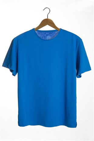 Erkek Mavi Bisiklet Yaka Oversize Rahat Kalıp Basic T-Shirt 22Y-3400761-EK1
