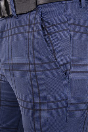 Erkek Mavi Slim Fit Ekoseli İtalyan Kesim Keten Pantolon 21K-2200420-7