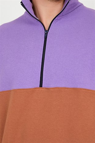 Erkek Mor Renk Bloklu Dik Yaka Yarım Fermuarlı Sweatshirt 21K-5200456-1