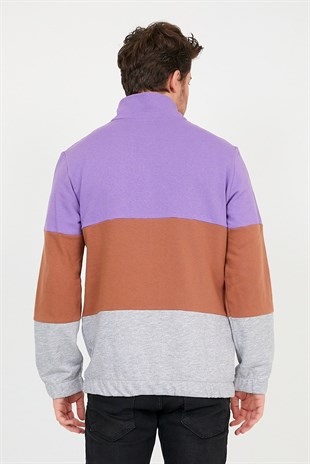 Erkek Mor Renk Bloklu Dik Yaka Yarım Fermuarlı Sweatshirt 21K-5200456-1