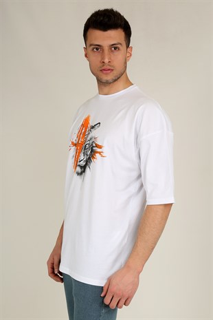 Erkek Oversize Bisiklet Yaka Baskılı T-Shirt 21K-3400736-01 Beyaz