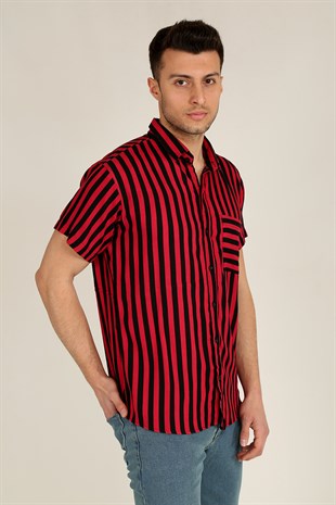 Erkek Regular Fit Apaş Yaka Kısa Kollu Çizgili Gömlek 21K-4300573-01 Kırmızı