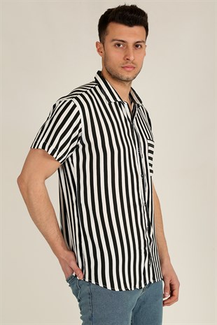 Erkek Regular Fit Apaş Yaka Kısa Kollu Çizgili Gömlek 21K-4300573-01 Siyah