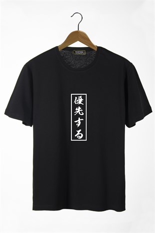 Erkek Siyah Japonca Harf Baskılı Bisiklet Yaka Oversize T-Shirt 22Y-3400762-3