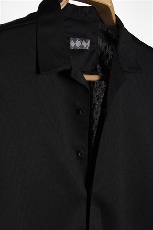 Erkek Siyah Kısa Kollu Pamuklu Desenli Slimfit Apaş Yaka Gömlek 21Y-4300594-05