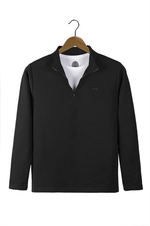 Erkek Siyah Rahat Kalıp Yarım Fermuarlı Bato Yaka Basic Sweatshirt 21K-5200179-2