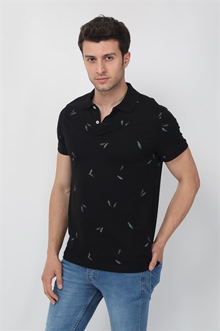 Erkek Slim Fit Desenli Polo Yaka T-Shirt 21Y-3400752-1 Siyah
