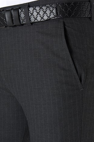 Erkek Slim Fit Dik Çizgili Keten Pantolon 21K-2200420-2 Siyah