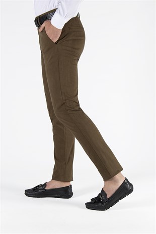 Erkek Slim Fit Düz Model Keten Pantolon 21K-2200420-4 Kahve