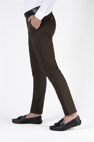 Erkek Slim Fit Düz Model Keten Pantolon 21K-2200420-4 Koyu Kahve