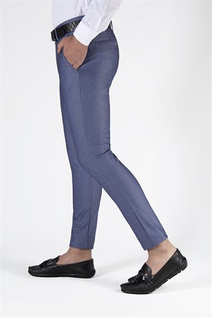 Erkek Slim Fit Petekli İtalyan Kesim Keten Pantolon 21K-2200420-6 Mavi