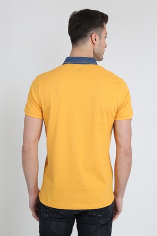 Erkek Yakası Kot Detaylı Polo Yaka Basic T-Shirt 21Y-3400748-01 Hardal