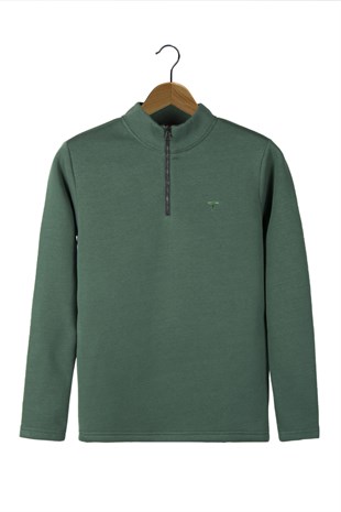 Erkek Yeşil Rahat Kalıp Yarım Fermuarlı Bato Yaka Basic Sweatshirt 21K-5200179-2