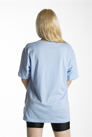 Kadın Açık Mavi Basic Bisiklet Yaka Oversize Pamuklu T-shirt 22Y-3400761-K1