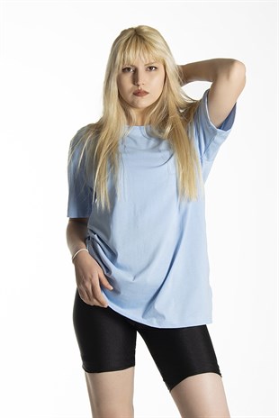 Kadın Açık Mavi Basic Bisiklet Yaka Oversize Pamuklu T-shirt 22Y-3400761-K1