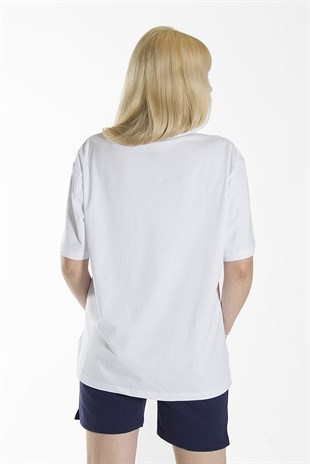 Kadın Beyaz Basic Bisiklet Yaka Oversize Pamuklu T-shirt 22Y-3400761-K1