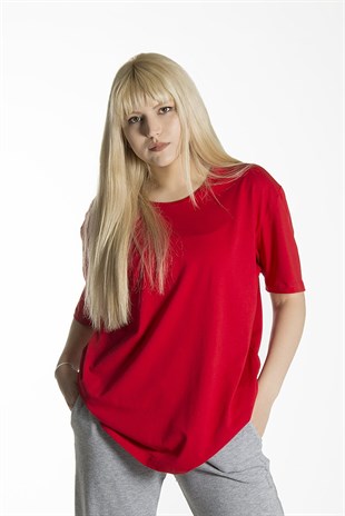 Kadın Kırmızı Basic Bisiklet Yaka Oversize Pamuklu T-shirt 22Y-3400761-K1