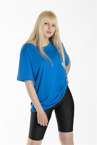 Kadın Mavi Basic Bisiklet Yaka Oversize Pamuklu T-shirt 22Y-3400761-K1