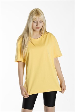 Kadın Sarı Basic Bisiklet Yaka Oversize Pamuklu T-shirt 22Y-3400761-K1
