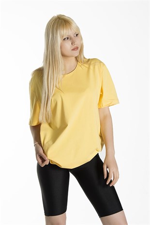 Kadın Sarı Basic Bisiklet Yaka Oversize Pamuklu T-shirt 22Y-3400761-K1
