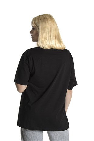 Kadın Siyah Basic Bisiklet Yaka Oversize Pamuklu T-shirt 22Y-3400761-K1