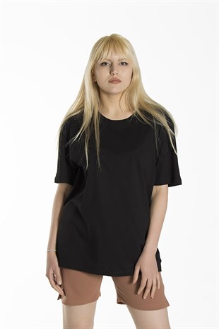 Kadın Siyah Basic Bisiklet Yaka Oversize Pamuklu T-shirt 22Y-3400761-K1
