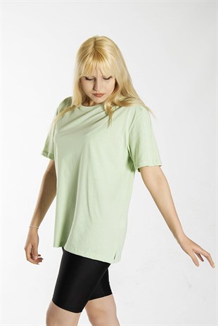 Kadın Yeşil Basic Bisiklet Yaka Oversize Pamuklu T-shirt 22Y-3400761-K1