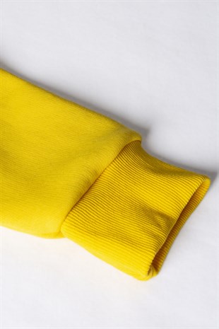 Unisex Sarı Oversize Kalın Üç Iplik Şardonlu Kapüşonlu Basic Sweatshirt 22K-5200178
