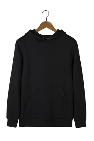 Unisex Siyah Oversize Kalın Üç Iplik Şardonlu Kapüşonlu Basic Sweatshirt 22K-5200178