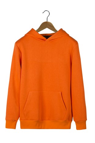 Unisex Turuncu Oversize Kalın Üç Iplik Şardonlu Kapüşonlu Basic Sweatshirt 22K-5200178