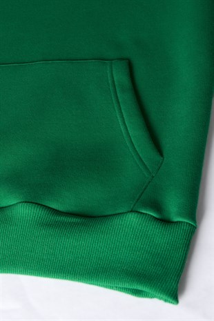 Unisex Yeşil Oversize Kalın Üç Iplik Şardonlu Kapüşonlu Basic Sweatshirt 22K-5200178