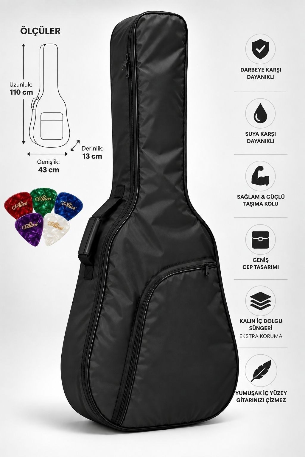 AGC-42BK Siyah Akustik Gitar Kılıfı Kalın Pedli Suya Dayanıklı Gitar Çantası Softcase