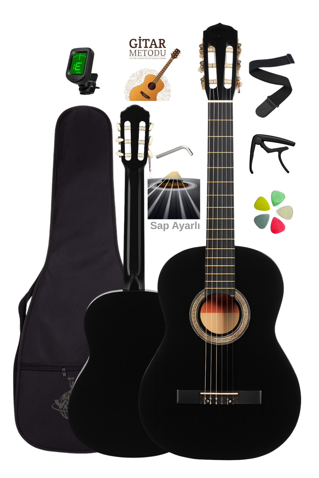 Campbell CE-54BK 3/4 Klasik Gitar Siyah - Sap Ayarlı Full Set  (7-14 Yaş)