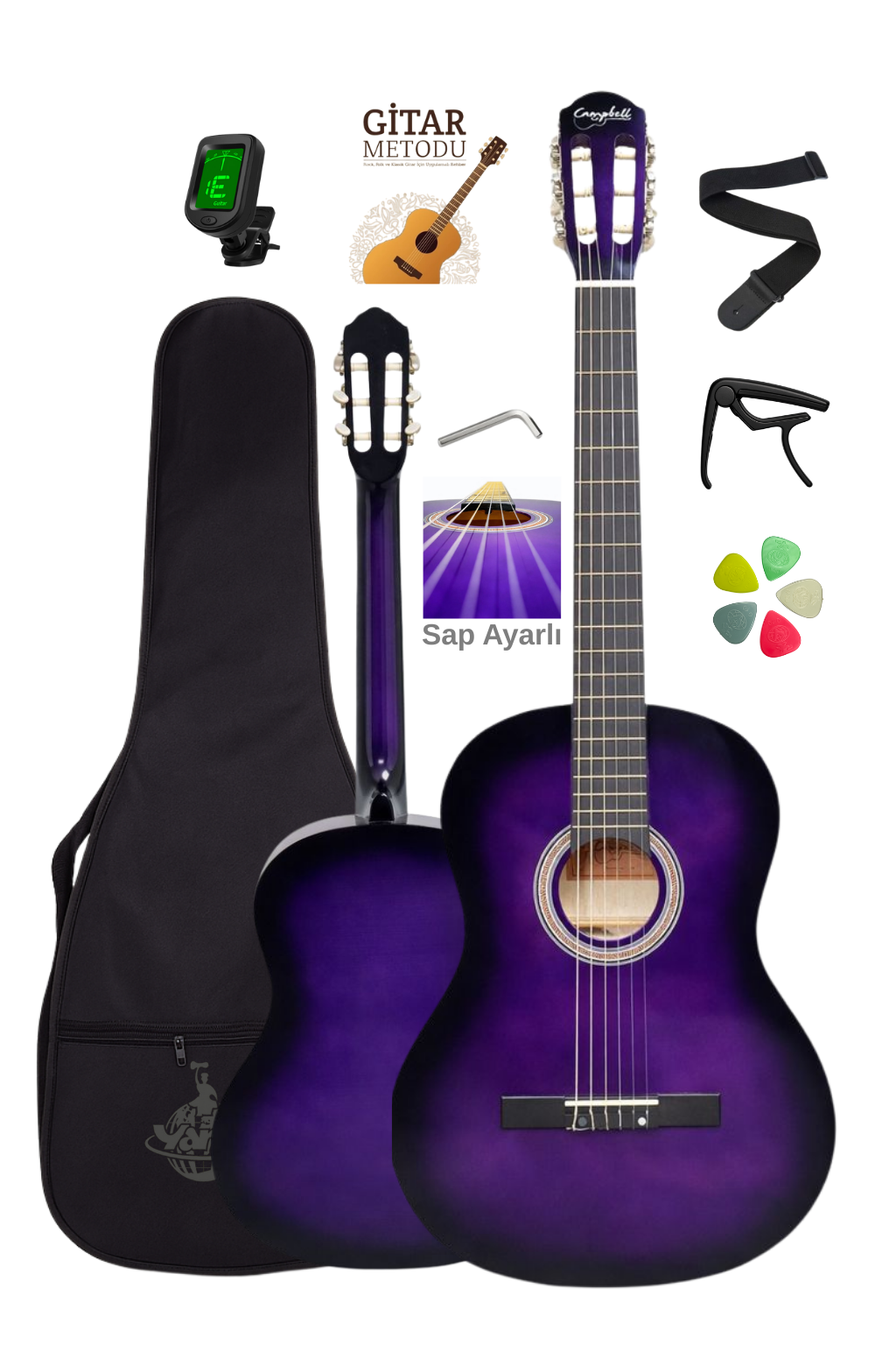 Campbell CE-55PR Klasik Gitar Full Set Sap Ayarlı 4/4 Yetişkin Boy Üst Kalite Gitar