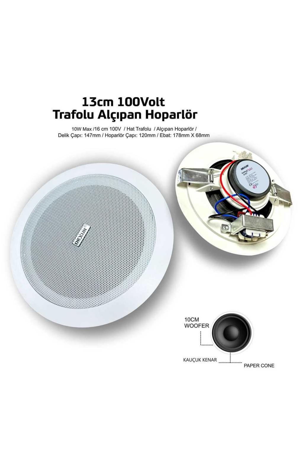 Dexun 13 cm 30W Tavan Hoparlör (100V Hat Trafolu Alçıpan Hoparlör)