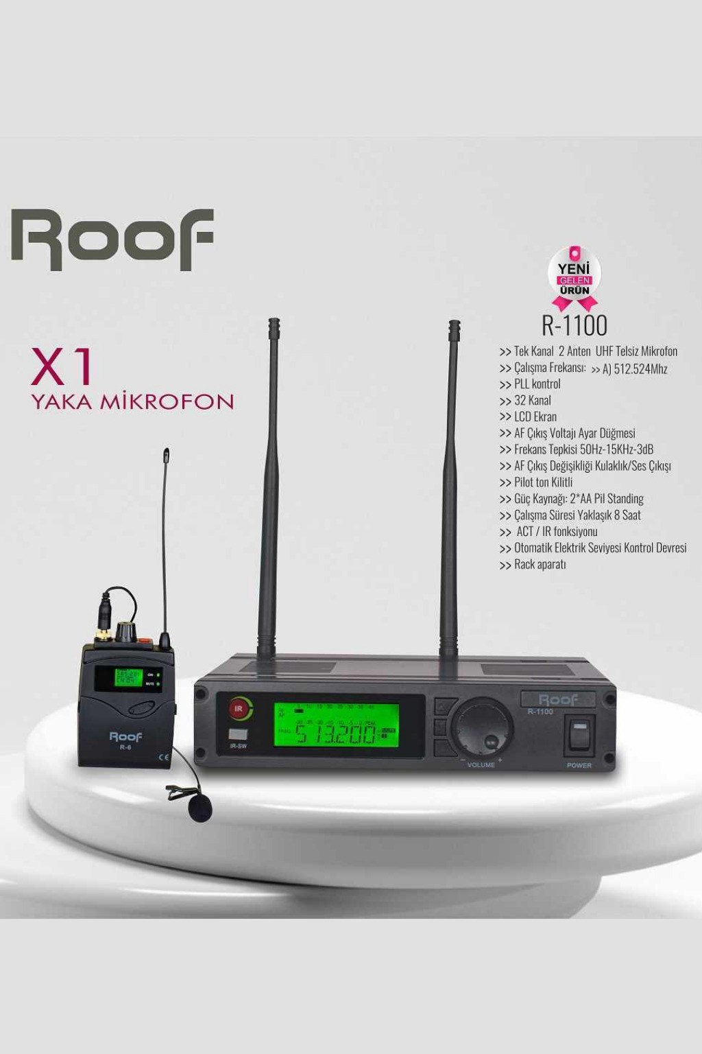 Roof R-1100Y UHF Telsiz Yaka Mikrofonu Tek Kanal Kablosuz Mikrofon 32 Kanal LCD Ekran