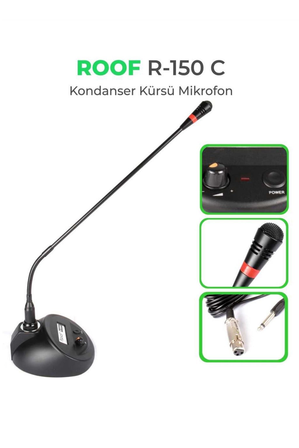 Roof R-150C Kablolu Kürsü Mikrofonu Volüm Kontrollü Kondansatör Konferans Cami Anons Mikrofonu