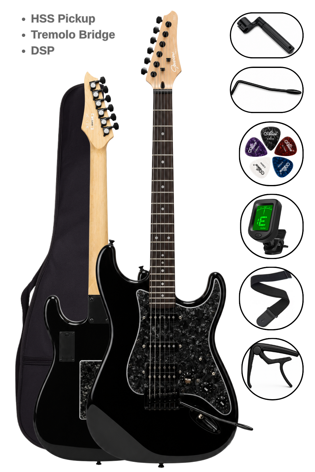 Torres Guson STD-20BK Siyah DSP Elektro Gitar HSS Tremolo Distortion Efektli